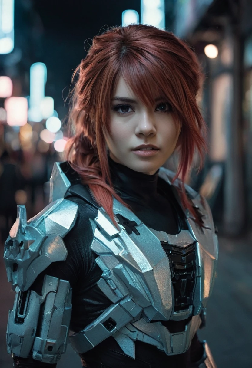 (realistic analog style sharp focus 8k raw photo with soft lighting and high quality:1.1), (hdr film grain:1.2),movie poster, a cute woman wearing a shiny (textured:1.2) (intricate:1.2) cyborgcosplay in a dark street at night, (cinematic hairstyle:1.2)
