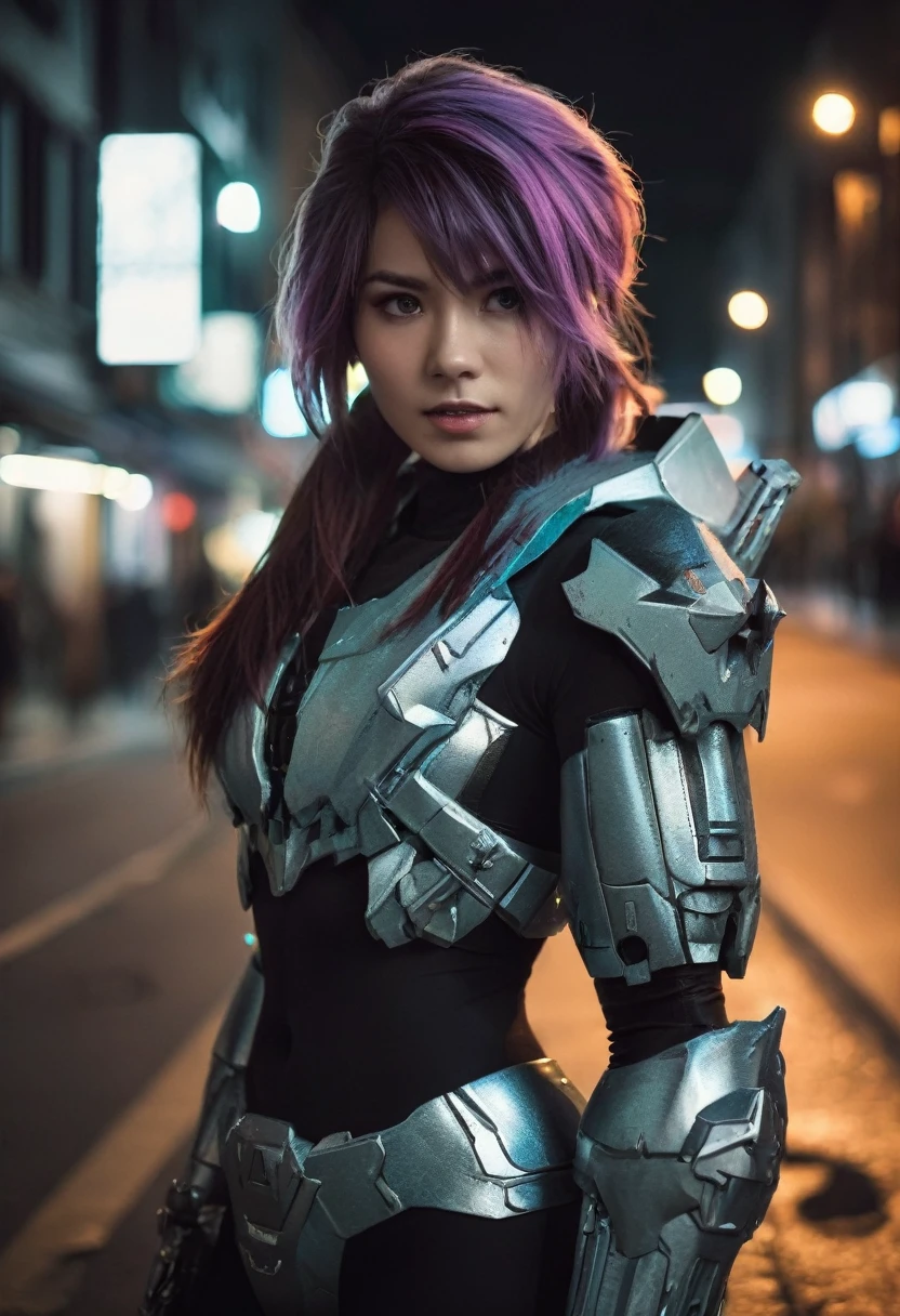 (realistic analog style sharp focus 8k raw photo with soft lighting and high quality:1.1), (hdr film grain:1.2),movie poster, a cute woman wearing a shiny (textured:1.2) (intricate:1.2) cyborgcosplay in a dark street at night, (cinematic hairstyle:1.2)
