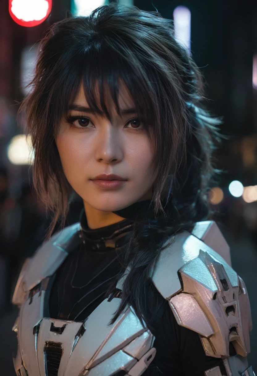 (realistic analog style sharp focus 8k raw photo with soft lighting and high quality:1.1), (hdr film grain:1.2),movie poster, a cute woman wearing a shiny (textured:1.2) (intricate:1.2) cyborgcosplay in a dark street at night, (cinematic hairstyle:1.2)
