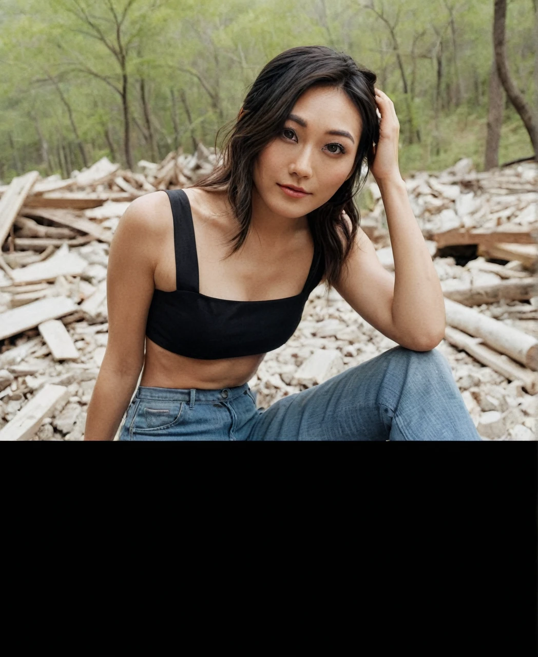A stunning intricate full body portrait of (sks woman:1) , Grace Park, wearing black tank top, baggy black jeans, long pants, long legs, legs exposed, broad shoulders, shoulders exposed, large chest, big , big , nipples, wide hips, thin waist, seductive look, powerful woman, long legs, epic character composition, sharp focus, natural lighting, subsurface scattering, f2, 35mm, film grain, , by Dominique Issermann, beautiful smile, smiling, long wavy hair, beautiful woman, tall woman, long torso, long legs, tall body