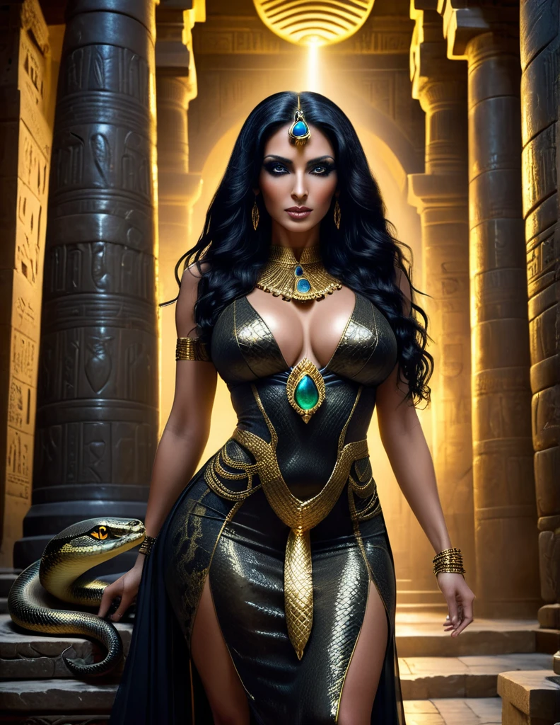 a beautiful mature egyptian goddess with snake skin, long flowing black hair, glowing golden eyes with reptilian pupils, swollen lactating breasts, form-fitting translucent black and gold dress, adorned with ancient egyptian jewelry, standing in a mysterious ancient temple, dramatic gothic dominatrix vibes, intense cinematic lighting, supernatural 8k scene, breathtaking beauty and depth