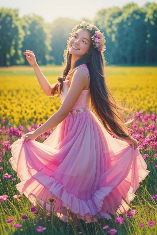 A whimsical girl with long, flowing hair made of flowers, dancing in a field of vibrant colors. Rendered in a dreamy, watercolor style.
