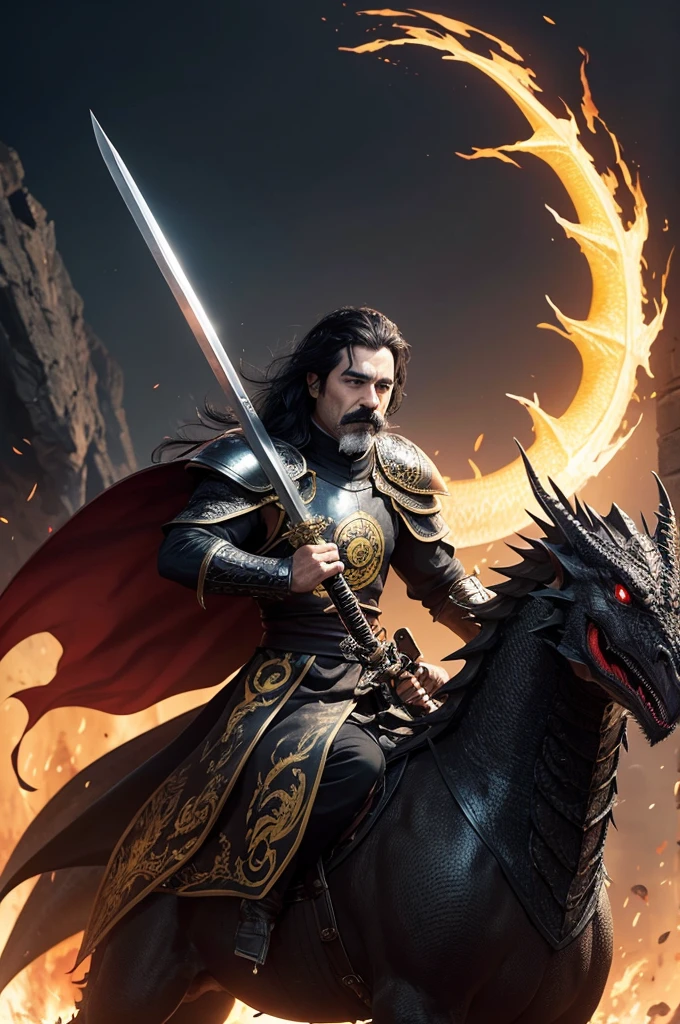 Create a Targaryen character with black hair and a mustache. He is dressed in his black armor with yellow banners with the black dragon. He is riding his yellow dragon and wielding his sword.