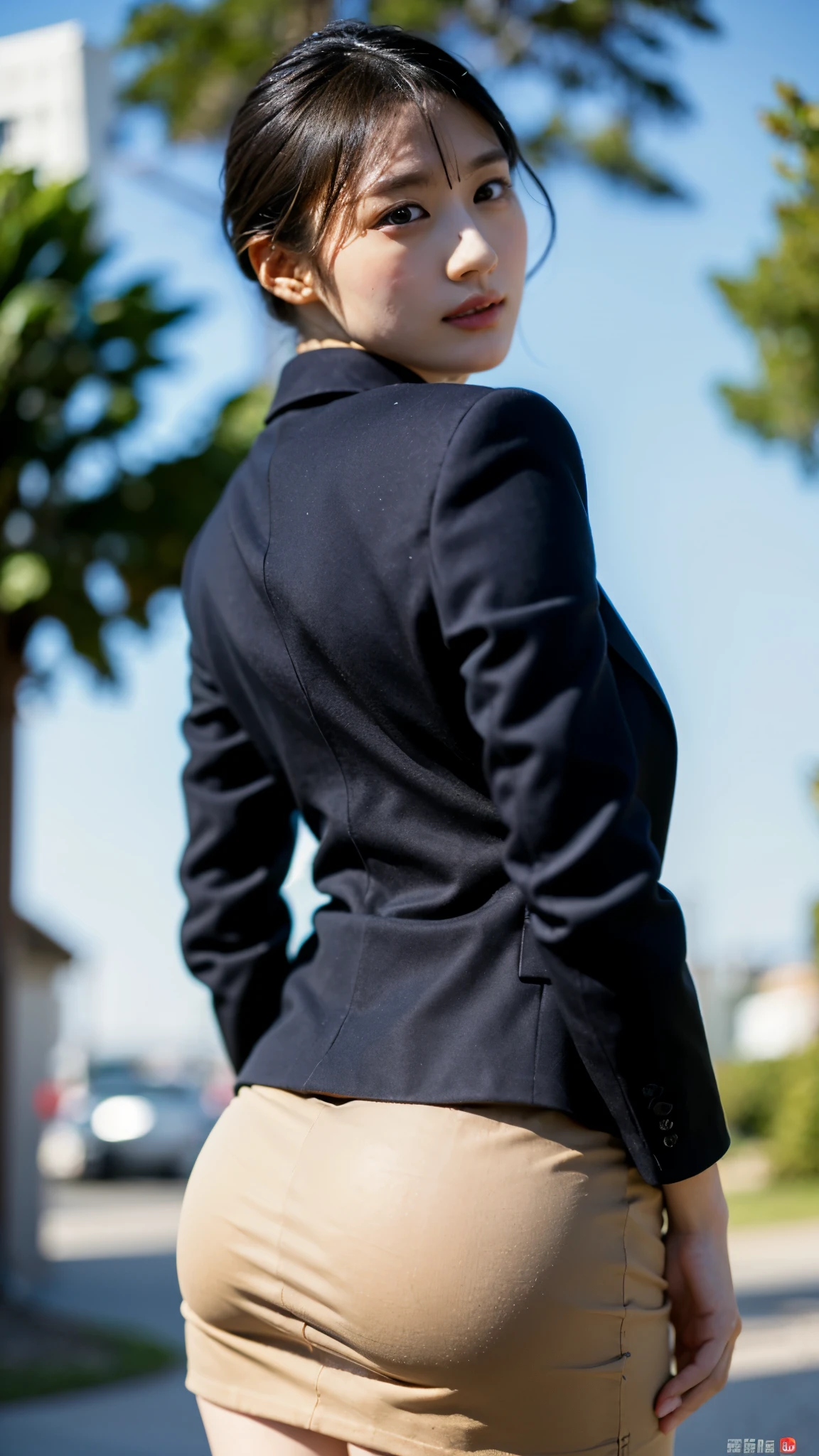 RAW photo, 1 girl, incredibly absurd, 30 years old, beautiful girl, (cute), (short hair), photo shoot, realistic, Depth of the bounds written, High resolution, Super detailed, delicate, very detailed, highly detailed eyes and face, sharp pupils, Realistic Office Lady, sharp focus, LED lighting, Eye and face details, (velvet blazer), mini skirt, from behind, (stick out one's buttocks:1.2), cowboy shot full body, (wind lift:1.6), cameltoe, stare, (Big breasts that are about to burst), Close-up, perfect body, shot from below, sunset