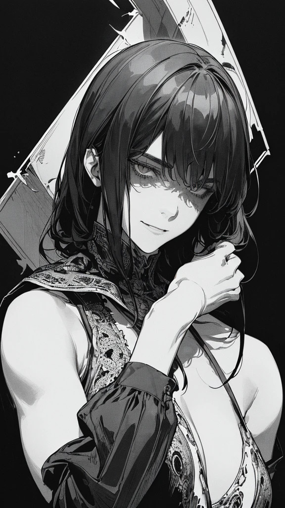 Best quality, (background_detail), high_contrast, detail_original_illustration, warrior, muscular, villain_face, armored, full_body, medieval, crease_brow, young_man, 20s_old_man, bangs_up, short_neckline, dark_stitch_landscape, (dramatic_lighting:1. 25), (shaded_ background:1.2), black_hair, (short black hair:) 1.1 ), large figure, delicate face, evil smile, sharp eyes, black background, (black background:1.5), beautiful line drawing, black and white

Translated with DeepL.com (free version)