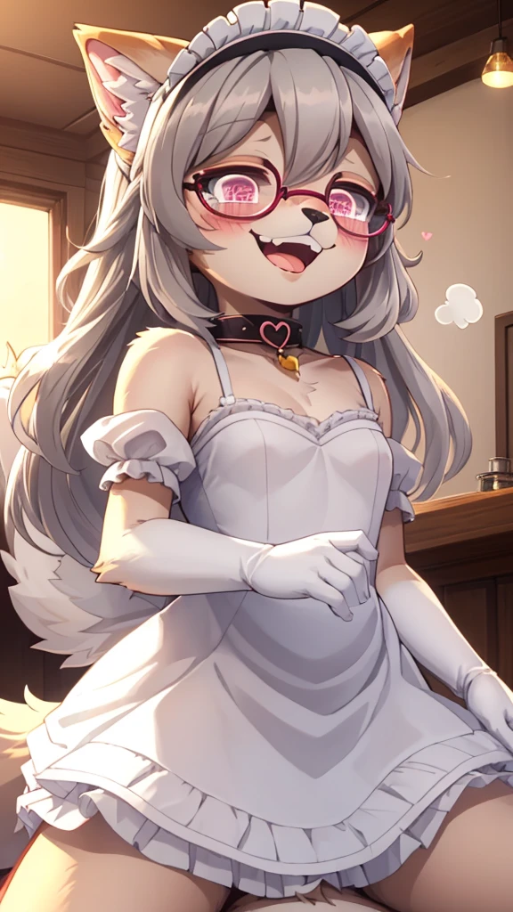 best quality,best resolution,(fluffy anthro furry :1.6),(young :1.6),cat girl,small breasts,light grey hair,long hair,wavy hair,curvy hair,light grey fur,pink eyes,glistering eyes,sparkle eyes,circle glasses,heart collar,maid outfit,maid headdress,maid gloves,ruffles,beautiful cafe,white light,looking at viewer,full face blush,horny face,smile,heart eyes,heart expression eyes,open mouth,straddle viewer,girl on top,low angle,front view,heavy breath,hands on viewer