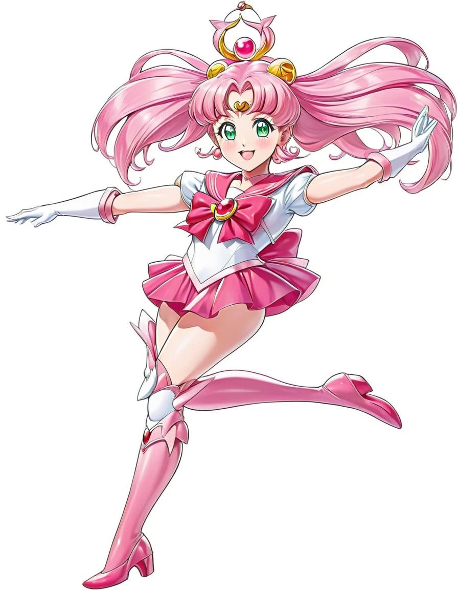 sailor girl in a pink dress and white top with a pink hair, sailor moon!!!!!!!!, the sailor moon. beautiful, pink iconic character, by Sailor Moon, sailor moon style, magical girl anime mahou shojo, inspired by Sailor Moon, pose(arms up + happy), style of magical girl, humanoid pink female squid girl, anime pose, shining pink armor
