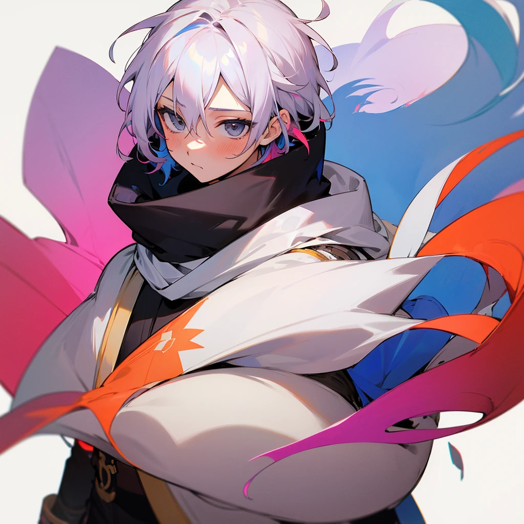 Se muestra una imagen de un personaje de anime con el cabello blanco con puntas coloridas de arcoíris y una scarf blanca, 1 chico, male gender, multicolored hair, Alone, White background, scarf, grey eyes, blush