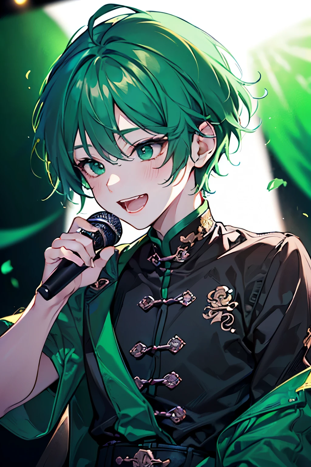 ((cute,kawaii,wonderland)),(Shy laugh、🥺),(Microphone Performance、Fansa:1.25),((boy,Men's,male:1.2)),((Live Stage:1.25)),((Punk clothing:1.25)),((male性アイドル:1.15)),Looking up,((Live Stage:1.25)),(Short Hair:1.3),((green、White、Light、black:1.1)),Close-up of face
