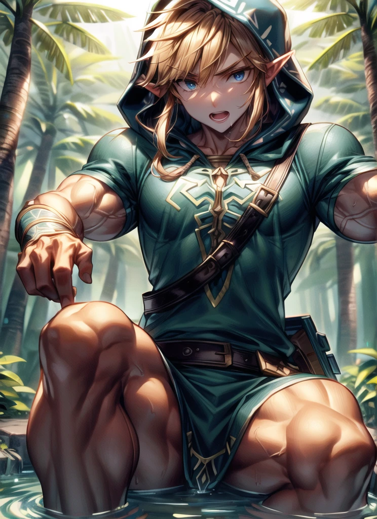 link, the legend of zelda, the legend of zelda: breath of the wild, 1boy, blue eyes, blue tunic, hood, hood up, leaf, light brown hair, looking at viewer, male focus, nature, open mouth, pointy ears, solo, water drop,  ((masterpiece)) , extremely muscular,muscular legs , muscular arms, Muscular upper body, muscular abdominal muscles , muscular shoulders,  muscular body, allone, latex
