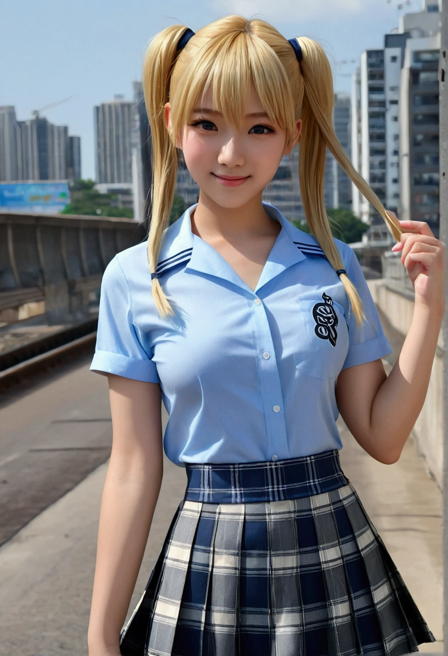 (masterpiece:1.3, highest quality, Ultra-high resolution, Super detailed), (Realistic:1.1, photoRealistic:1.4), Beautiful illustrations, Perfect lighting, colorful, Depth of written boundary, Beautiful detailed hair, Beautifully detailed face, Beautiful fine details, Beautiful clavicle, Beautiful body, Beautiful breasts, Beautiful thighs, Beautiful feet, Beautiful fingers, View your viewers, 1 girl, Japanese, high school girl, Perfect Face, (Perfect Anatomy, Anatomically correct), Cute and symmetrical face, , Sunburn, Shiny skin, (Middle Hair:1.5, Twin tails:1.2, Blonde), Asymmetrical bangs, blue eyes, Long Eyelashes, (Medium chest), thin, ((Collared short-sleeved shirt, Light blue shirt, , Grey plaid pleated skirt, Navy them)), No panties, (Beautiful views), evening, (Outdoor, distant cityscape), Are standing, (peace sign), (Cute smile, Cheek blush、Upward glance, Open your mouth), (Perverted old man opens girl's pussy:1.3), 10years,NSFW