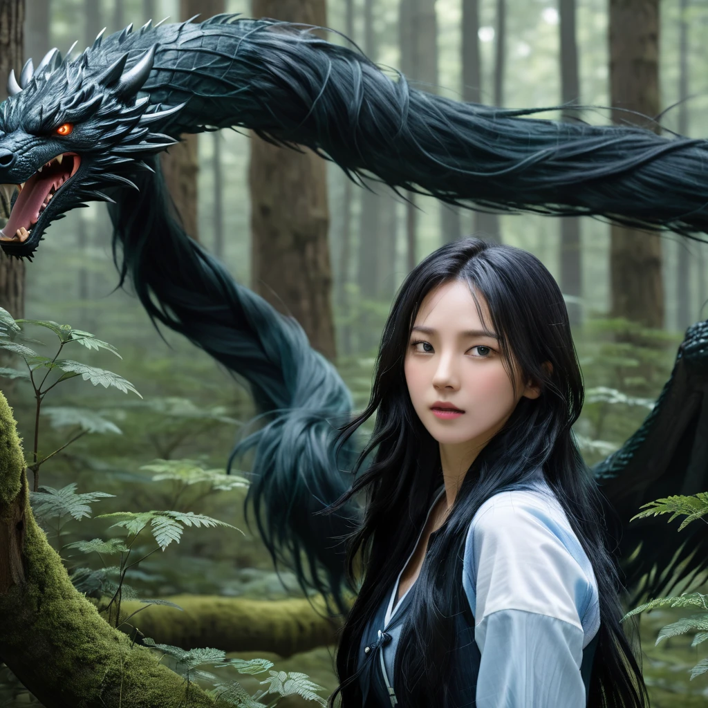 High resolution,Highest quality,krnpp photos, Long black hair , detailed, Complex, 8k, She is fighting a giant monster in the forest.