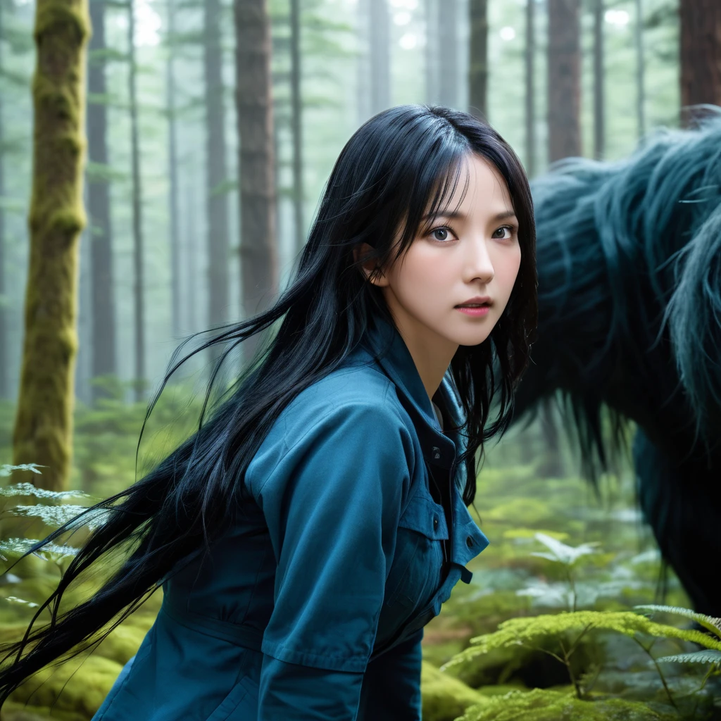 High resolution,Highest quality,krnpp photos, Long black hair , detailed, Complex, 8k, She is fighting a giant monster in the forest.