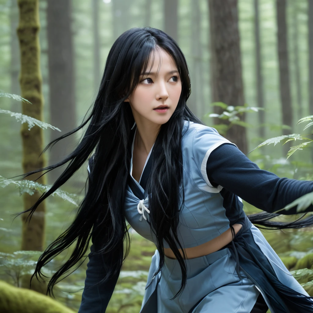 High resolution,Highest quality,krnpp photos, Long black hair , detailed, Complex, 8k, She is fighting a giant monster in the forest.