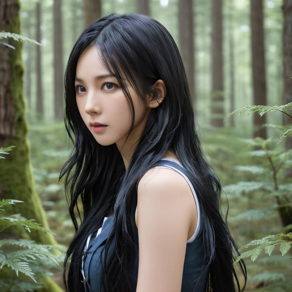 High resolution,Highest quality,krnpp photos, Long black hair , detailed, Complex, 8k, She is fighting a giant monster in the forest.