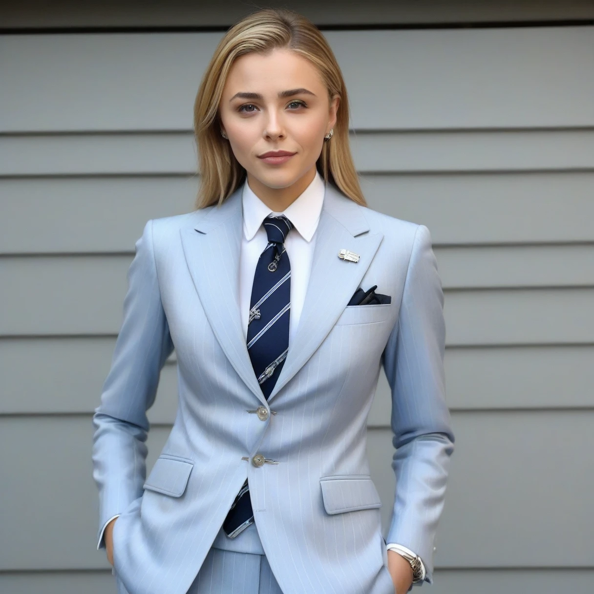 Portrait of (ohwx woman, (((navy pinstripe silk skirt suit))), (((three-piece suit))), (((light blue dress shirt with white collar))), (((necktie))), (((blazer))), (((suit jacket))), ((waistcoat)), double-breasted waistcoat, (((bodycon miniskirt))), pocket square, cufflinks, tie clip,