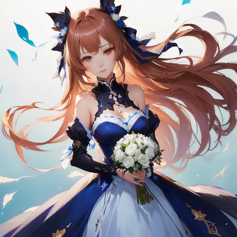 anime girl in a blue dress holding a bouquet of flowers, cute anime waifu in a nice dress, from arknights, cushart krenz key art feminine, guweiz on pixiv artstation, from girls frontline,  in dress, guweiz on artstation pixiv, ayaka genshin impact, anime girl wearing a black dress