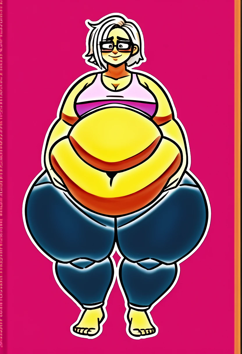 Sunkissed skin all over, Thicc, moobs, extremely morbidly obese, pink and white hair, ((wearing)), black 50s glasses, pink tanktop, black pants, detailed feet, voluptuous, feminine boy, femboy, perfect hands, perfect face, smile, (anatomically correct), (Perfect/ realistic proportions:1.2), (overwhelmingly fat arms, obese face), hands grabbing belly, ((extremely widest hips possible!)), ((extremely massive thick thighs, morbidly large belly), belly overhang!)), (1080P, 4k UHD, Masterpiece:2.1!) ((single)), background: tilted towers_fortnite