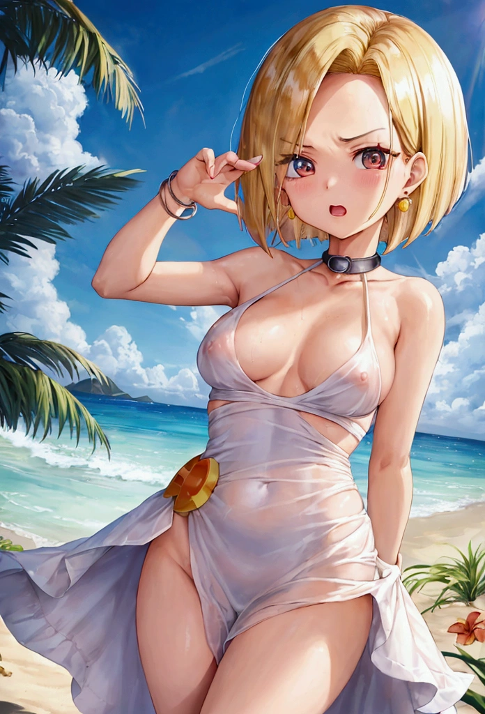 ((Android 18))、Sunny sandy beach on a tropical island、(Tsundere feeling)、slender figure with small breasts、Small Ass、avert your eyes、(I'm embarrassed and in trouble)、（A little bit in a bad mood）Painting on knees、(Sexy pose)、（（Master Roshi touching her nipples））、((((Her dress is open, exposing her breasts.))))、（No bra）、