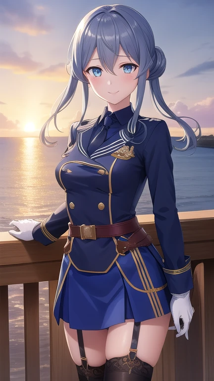 ((masterpiece)),(best quality),official art,extremely detailed CG,unity 8k wallpaper,ultra detailed,A lighthouse on a cliff by the sea,1girl,solo,cowboy shot,half_gloves,mole_under_eye,blue_hair,long_hair,military_uniform,blue_eyes,white_gloves,single_hair_bun,blue_skirt,blue_sailor_collar,black_necktie,collared_shirt,medium breasts,long_sleeves,hair_between_eyes,thigh_strap,rudder_footwear,looking_at_viewer,smile,black_neckerchief,blue_thighhighs,belt,