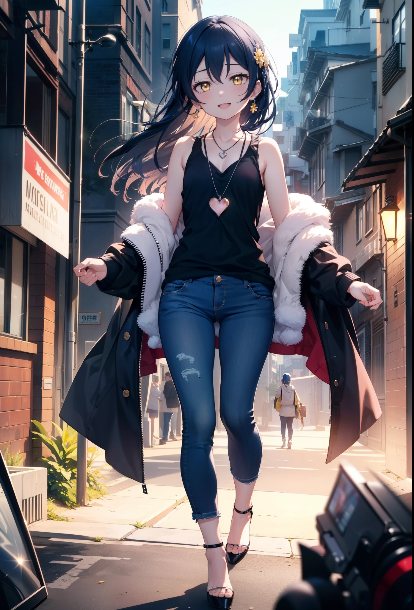 you like it, Umi Sonoda, Long Hair, Blue Hair, (Yellow Eyes:1.5) (Flat Chest:1.2),Blue Tank Top,Heart Necklace,Skinny jeans,Stiletto heels,happy smile, smile, Open your mouth,Walking,Daytime,Clear skies,whole bodyがイラストに入るように,
break outdoors, Building district, break looking at viewer,whole body,
break (masterpiece:1.2), Highest quality, High resolution, unity 8k wallpaper, (figure:0.8), (Beautiful attention to detail:1.6), Highly detailed face, Perfect lighting, Highly detailed CG, (Perfect hands, Perfect Anatomy),