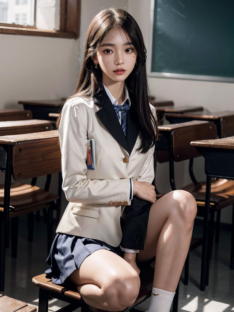 absurdres, RAW photo, extremely delicate and beautiful, masterpiece, Best Quality, ultra high resolution, 32k, hyperrealistic, ultra-detailed, perfect anatomy, super Detailed skin, perfect figure, Super Beauty, Perfect Style, Perfect balance, 20 years old, very Slim body, narrow waist, very small head, very small face, delicate facial features, detailed face, detailed eyes, tearful mole, earring, very huge round breasts, legs, medium hair, full body shot, indoor, ((school_uniform)), blazer, wet clothes,