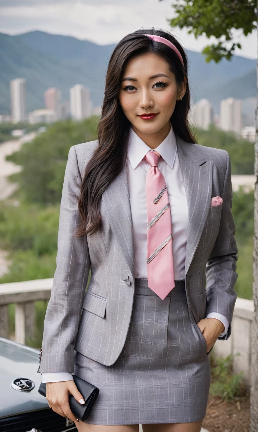 a beautiful picture of fukuharaXL ,woman,detailed skin texture,masterpiece, photorealistic, light, RAW color photo,(fully in frame:1.1), (blush:0.5), (goosebumps:0.5),(((light grey plaid silk skirt suit))), (((three-piece suit))), (((pink dress shirt with white collar))), contrast shirt collar, (((pink necktie))), (((blazer))), (((suit jacket))), (((waistcoat))), double-breasted waistcoat, (((bodycon miniskirt))), pocket square, cufflinks, tie clip,detailed face,outdoors, (smile:0.5), film grain,cinematic lightning,fujifilm ,detailed eyes,camera, smile, office background, hair down, makeup, lipstick, mascara, eyeliner, eyeshadow, silky glossy hair, high heels, pinup pose, hairband