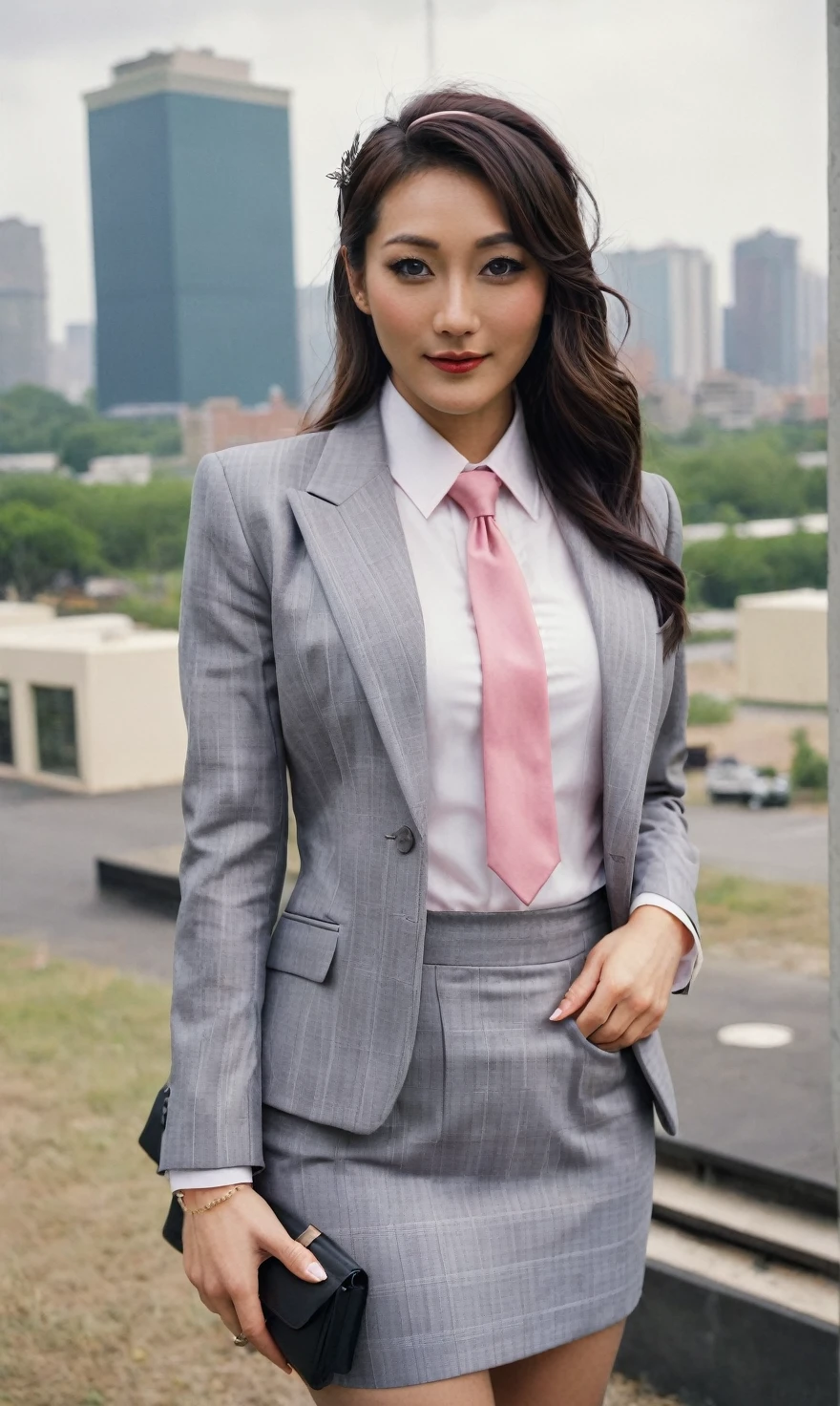 a beautiful picture of fukuharaXL ,woman,detailed skin texture,masterpiece, photorealistic, light, RAW color photo,(fully in frame:1.1), (blush:0.5), (goosebumps:0.5),(((light grey plaid silk skirt suit))), (((three-piece suit))), (((pink dress shirt with white collar))), contrast shirt collar, (((pink necktie))), (((blazer))), (((suit jacket))), (((waistcoat))), double-breasted waistcoat, (((bodycon miniskirt))), pocket square, cufflinks, tie clip,detailed face,outdoors, (smile:0.5), film grain,cinematic lightning,fujifilm ,detailed eyes,camera, smile, office background, hair down, makeup, lipstick, mascara, eyeliner, eyeshadow, silky glossy hair, high heels, pinup pose, hairband