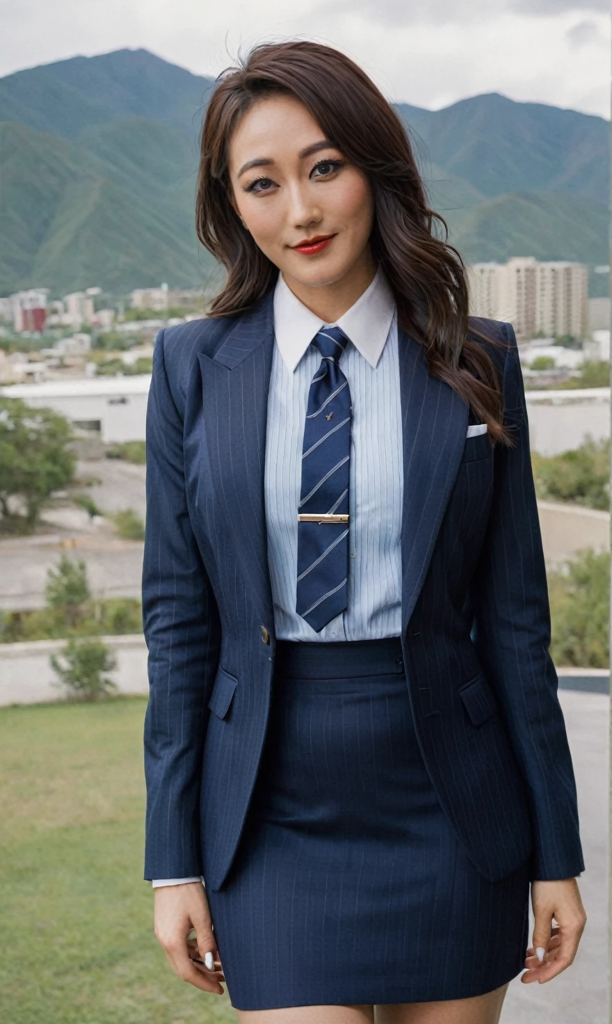 a beautiful picture of fukuharaXL ,woman,detailed skin texture,masterpiece, photorealistic, light, RAW color photo,(fully in frame:1.1), (blush:0.5), (goosebumps:0.5),(((navy pinstripe silk skirt suit))), (((three-piece suit))), (((light blue dress shirt with white collar))), (((necktie))), (((blazer))), (((suit jacket))), ((waistcoat)), double-breasted waistcoat, (((bodycon miniskirt))), pocket square, cufflinks, tie clip,detailed face,outdoors, (smile:0.5), film grain,cinematic lightning,fujifilm ,detailed eyes,camera, smile, office background, hair down, makeup, lipstick, mascara, eyeliner, eyeshadow, silky glossy hair, high heels, pinup pose, slender figure