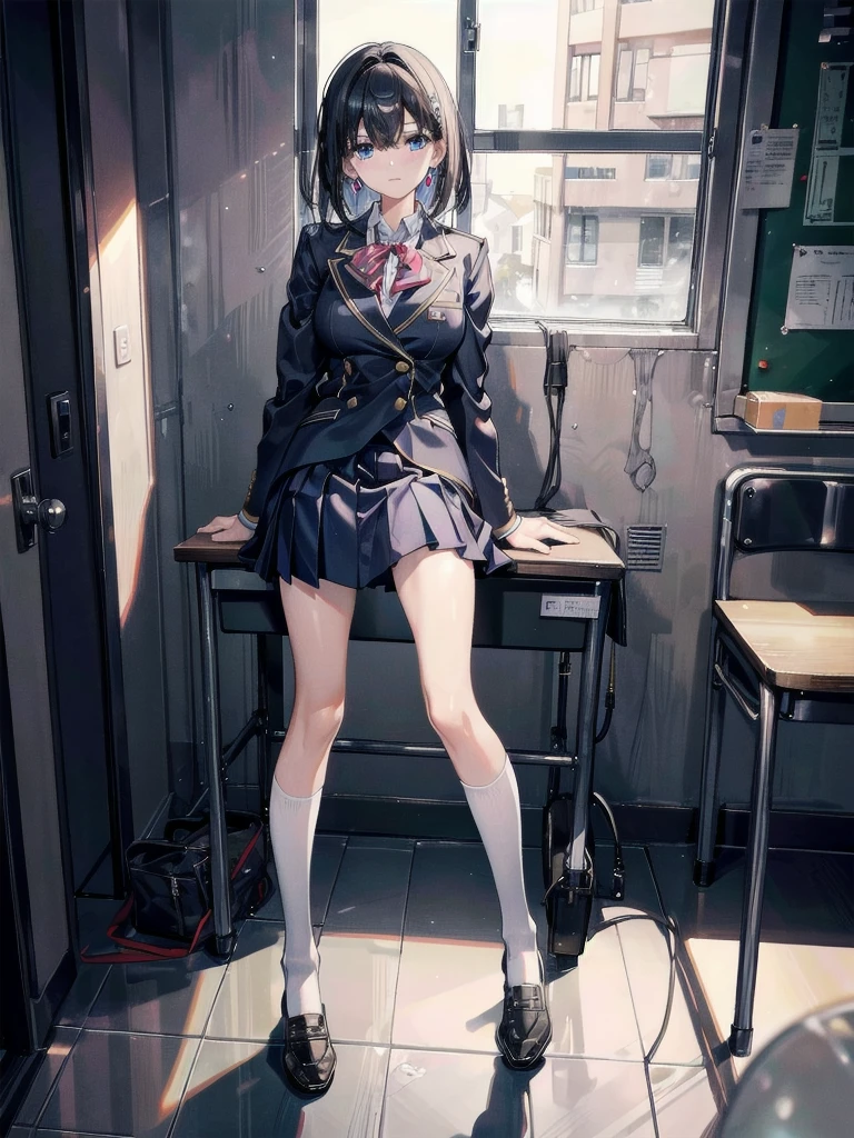 full body, earring, medium hair, medium tits, tearful mole, school_uniform, sailor uniform, sleeveless, school, classroom,