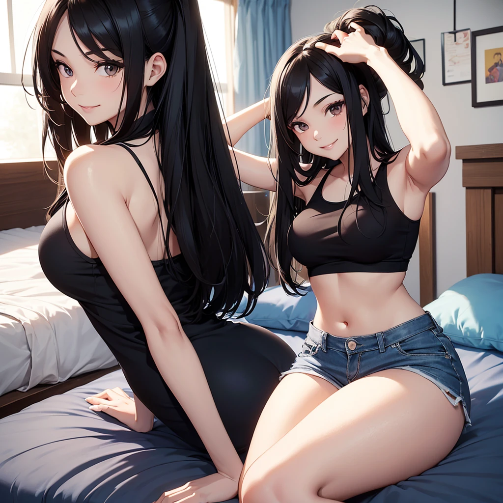 Woman lying in bed，22 year old，realisticlying，She was wearing a thong，Wear a small vest，Black hair leaking out of the shoulders，The expression is shy，A little bit of genitals leaks。