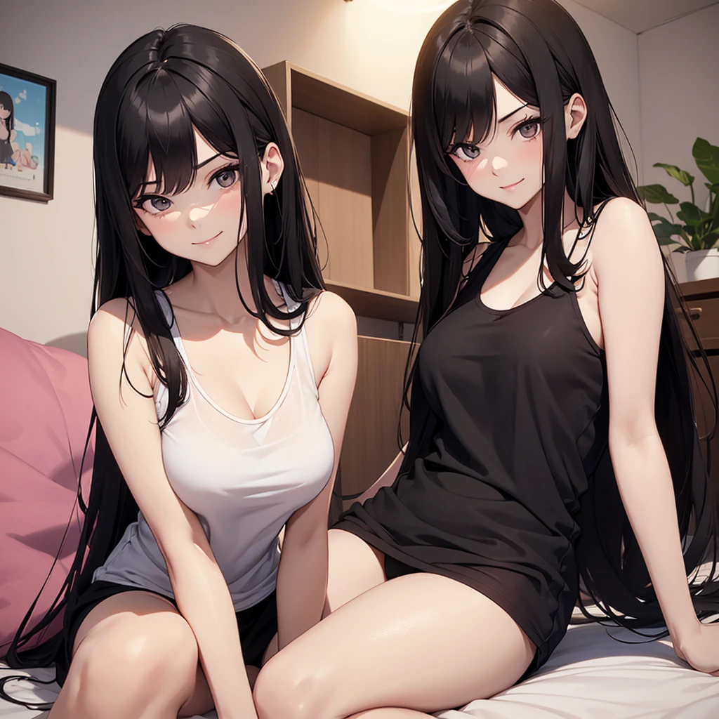 A 25 years old lady with long black hair, brown eyes, straight hair, wearing a blue tank top with mini white short, she has pale skin, her smile is pretty, she is sitting on her bed in her girly bedroom, she is mature with curves, she has a sexy smirk on her face