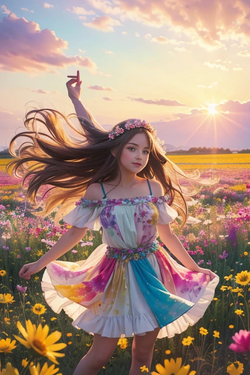 A whimsical girl with long, flowing hair made of flowers, dancing in a field of vibrant colors. Rendered in a dreamy, watercolor style.