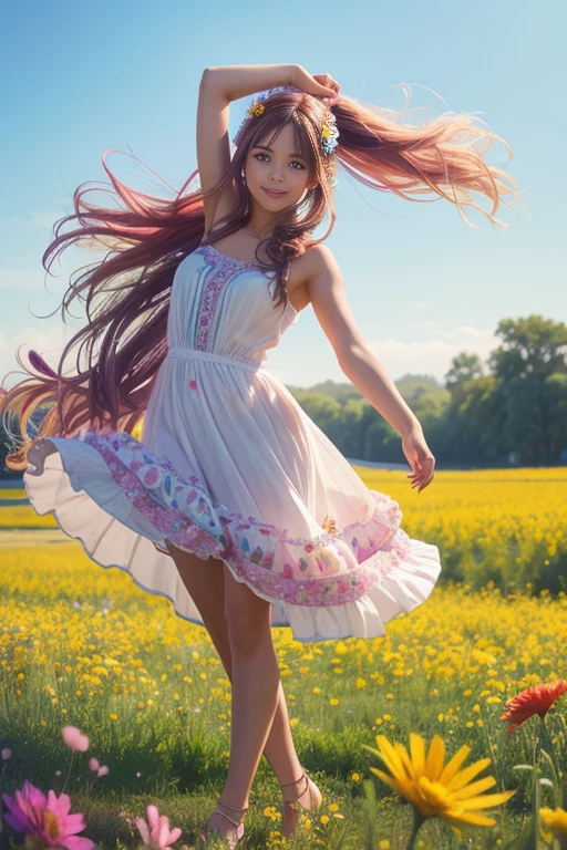 A whimsical girl with long, flowing hair made of flowers, dancing in a field of vibrant colors. Rendered in a dreamy, watercolor style.