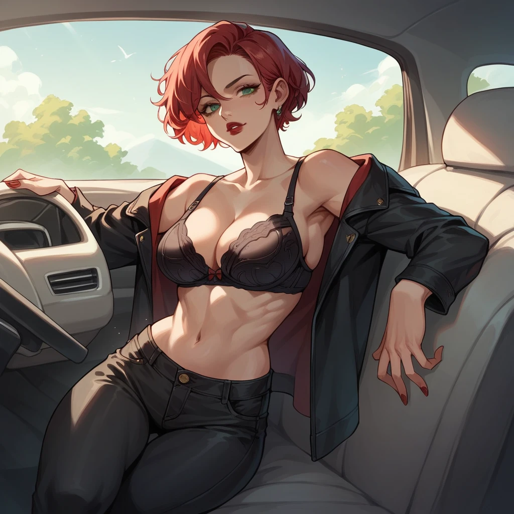 beautyfull red hair woman, short hair, mature, slender body, black jacket, black pants, black bra, red lipstick, green eyes, leaning in a purple car