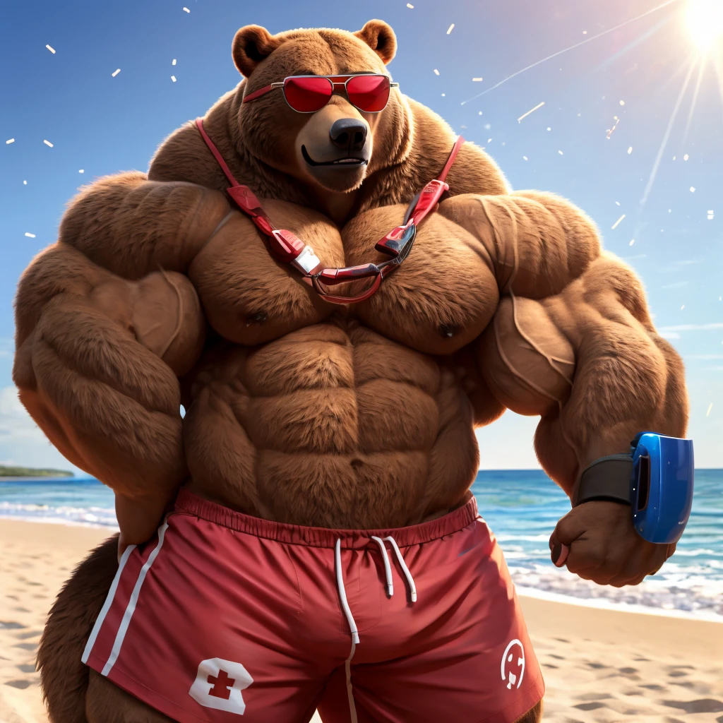 male, anthro, muscle, (kemono), (grizzly bear), brown fur, pumped body, red swim trunks with a cross aid symbol, lifeguard, sunglasses, beach, by bara, detailed beach background, light particles, hi res, bara