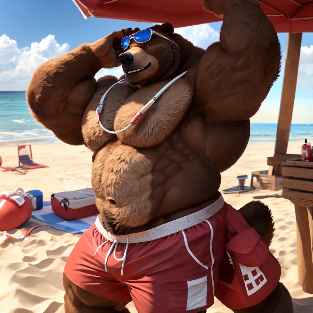 male, anthro, muscle, (kemono), (grizzly bear), brown fur, pumped body, red swim trunks with a cross aid symbol, lifeguard, sunglasses, beach, by bara, detailed beach background, light particles, hi res, bara