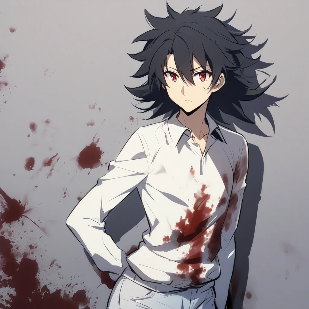 Ecchi anime style, 1 chico, man, black hair, disheveled hair, Red eyes, carefree look, pose sexy, defined body, White polo shirt, long sleeves, blood stains, shadows,