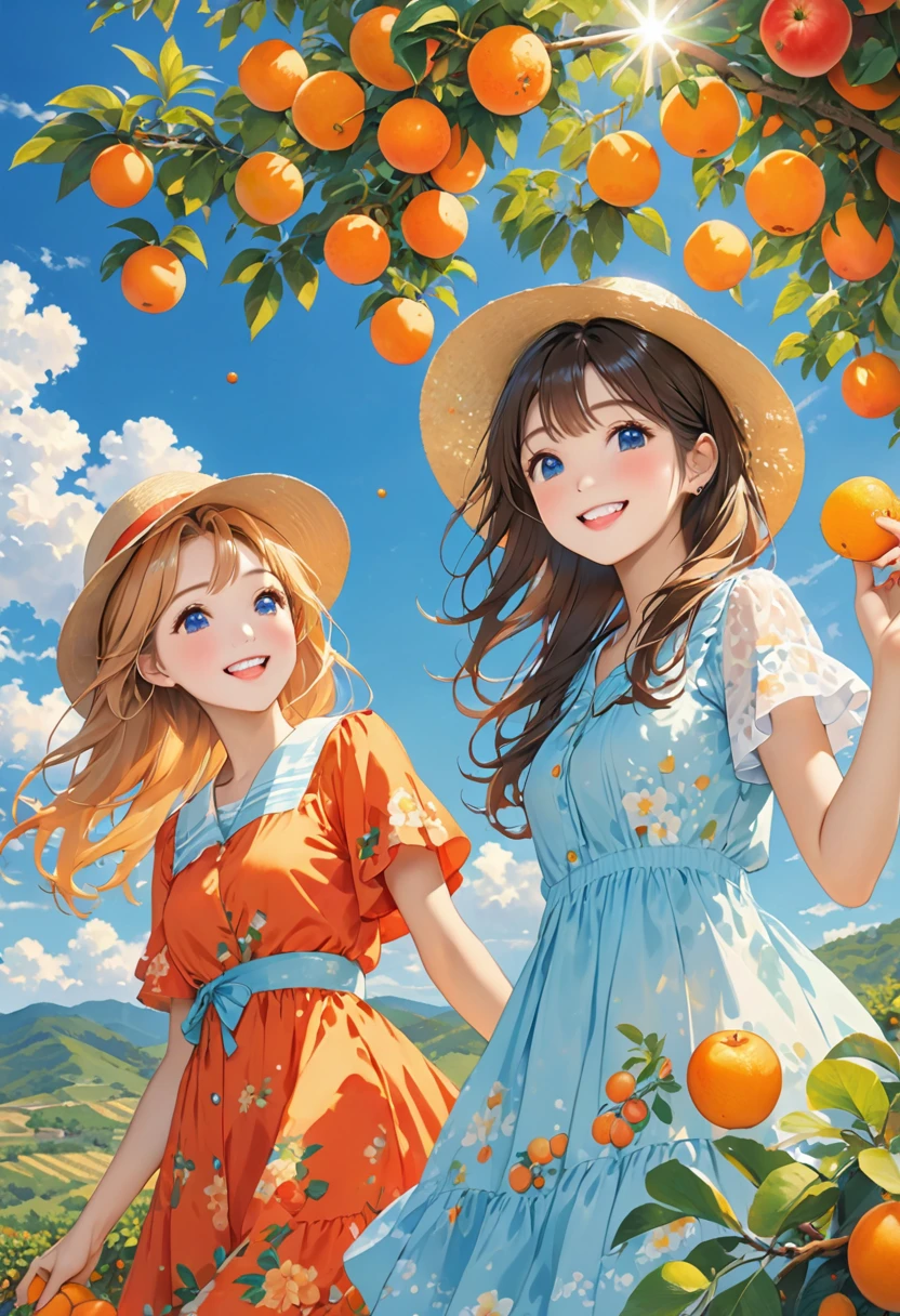 Highest quality、High resolution、Detailed Background、Beautiful face in every detail、Teenage beauty、Highly detailed face、
Light color hair、cute髪型、Fun atmosphere、A big smile、Apple、mandarin orange、peach、Grape、(Two girls enjoying fruit picking:1.5)、On top of a hill with a blue sky、wood々The sunlight shines through、I found some ripe red fruit.、Holding hands with friends、wood登りして高い枝から、甘い香りのGrapeを摘む、
A fun time filled with smiles、Summer memories: Fruit picking、Under the blue sky、Run around、Apple、mandarin orange、peachを集めた、I had a great time、A memorable summer day、
A flared dress made of lightweight material、Flat sandals、Caps and hats、The color is red, reminiscent of fruit.、yellow、orange、Green etc.、cute