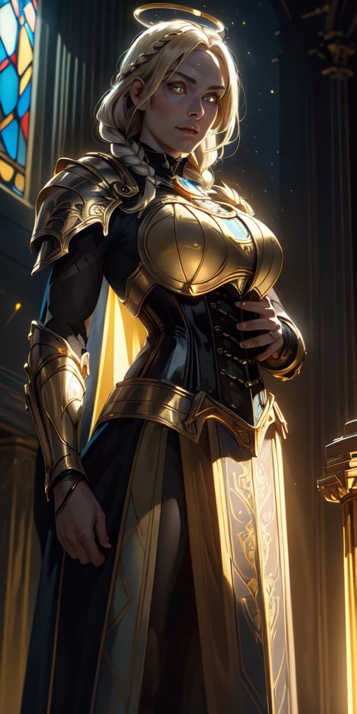 a beautiful paladin lady in ornate golden armor, black collar, pauldrons, breastplate, corset, glowing halo, single braid, blonde hair, yellow glowing eyes, bright pupils, intense eye focus, red cape, standing in a temple with stained glass windows, night scene, moonlight, particles, light beam, chromatic aberration,best quality,4k,8k,highres,masterpiece:1.2,ultra-detailed,realistic,photorealistic,photo-realistic:1.37,HDR,UHD,studio lighting,ultra-fine painting,sharp focus,physically-based rendering,extreme detail description,professional,vivid colors,bokeh