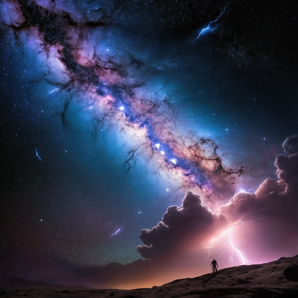 In the vast expanse of the cosmos, a nebula-shaped creature emerges before the serene surface of a distant planet. The creature's ethereal form undulates with an iridescent glow, as if infused with the essence of stardust. lightning bolts crackle through the darkness, casting an otherworldly ambiance upon the celestial scene.