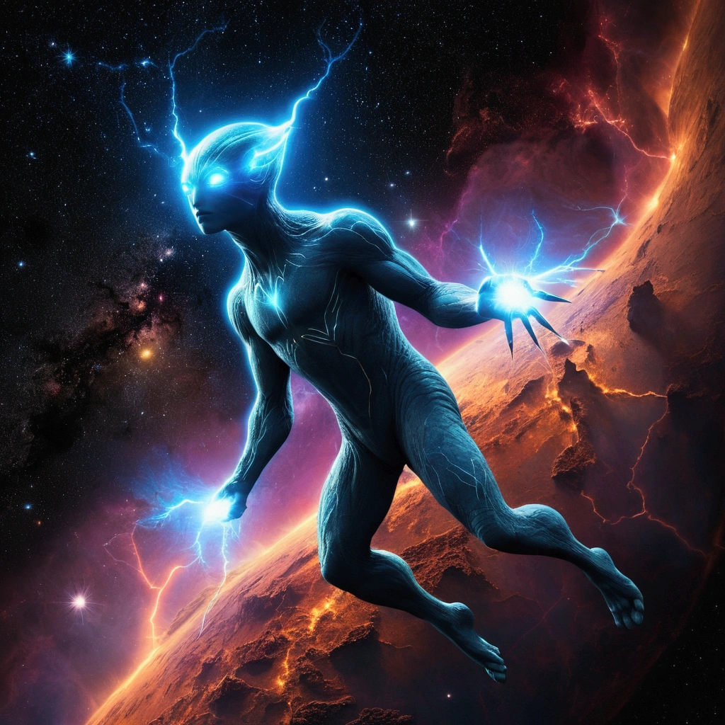 In the vast expanse of the cosmos, a nebula-shaped creature emerges before the serene surface of a distant planet. The creature's ethereal form undulates with an iridescent glow, as if infused with the essence of stardust. lightning bolts crackle through the darkness, casting an otherworldly ambiance upon the celestial scene.