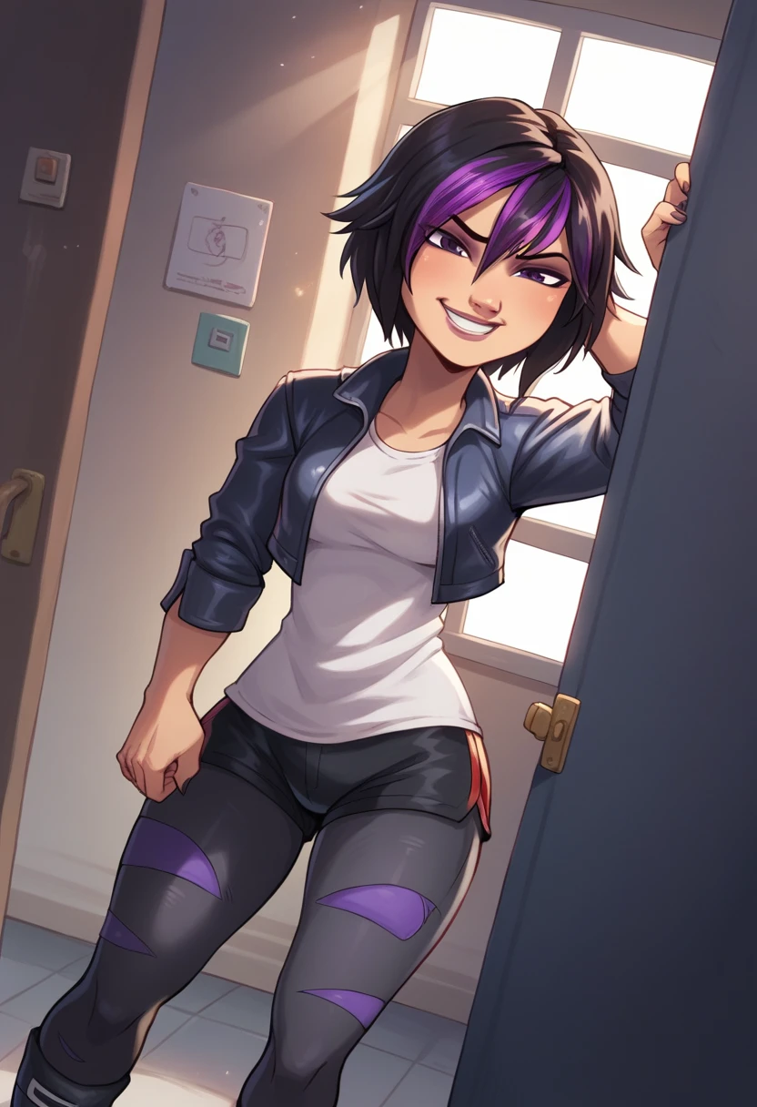 a 28-year-old girl resembling a gogo tomago with an already developed body and messy black hair at shoulder length with a purple lock, a closed, confident smile, wearing a denim jacket with fabric sleeves with a black top and Tight navy blue pants and long high-heeled boots, she is in a school bathroom with rays of sun coming out of a window, she smokes a cigarette and leans against a door looking at the camera., comic style, dark colors, Futanari, huge cock, 