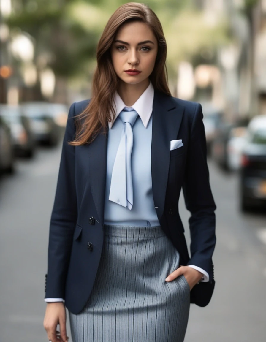 photo of krnglln, (((navy pinstripe silk skirt suit))), (((three-piece suit))), (((light blue dress shirt with white collar))), (((necktie))), (((blazer))), (((suit jacket))), ((waistcoat)), double-breasted waistcoat, (((bodycon miniskirt))), pocket square, cufflinks, tie clip,