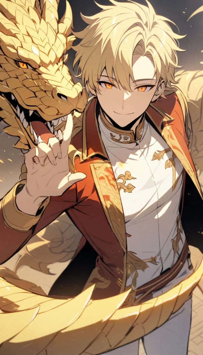 Handsome, solo, male, short hair, blonde hair, orange eyes, smile facial, white shirt, white pant, red and gold coat, golden dragon 