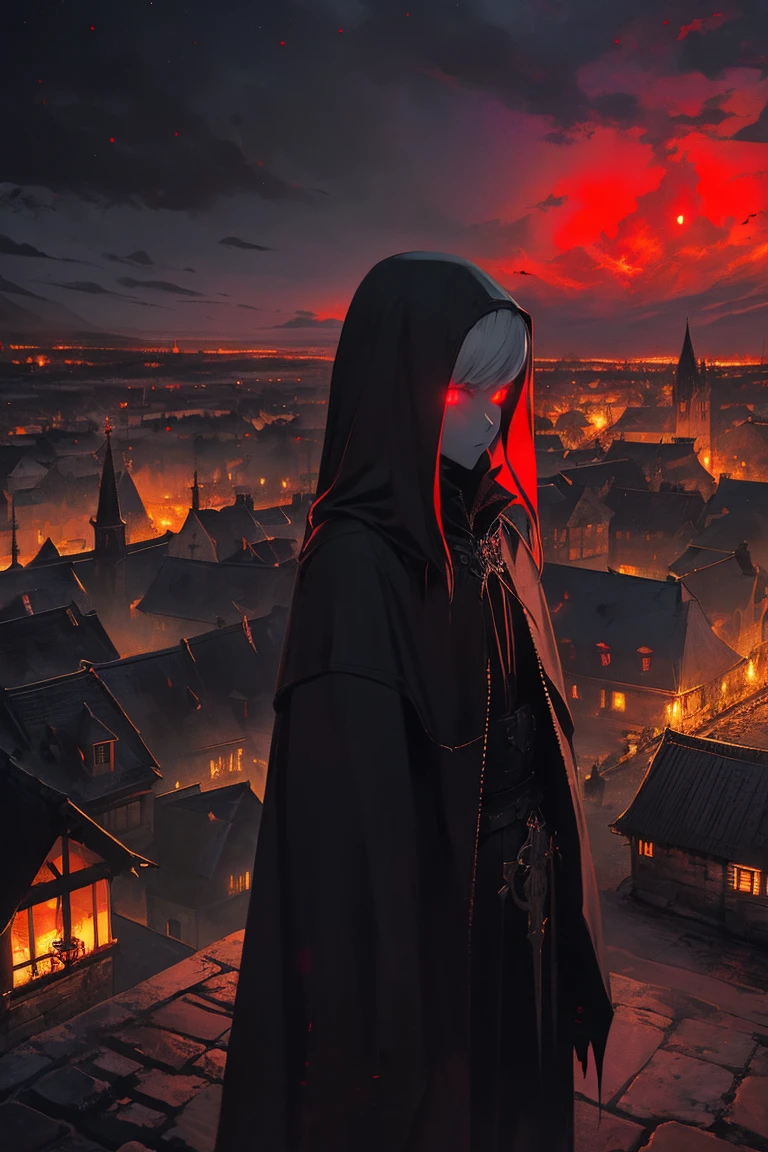 old European village shot with bird view, (Red glowing eyes), masterpiece, Depth of written boundary, Lutz, Gwaites style artwork, Gothic aesthetics, Dark Vampire village, ((in the dark gothic style cathle:1)), ((dark mid-night time:1.5)),