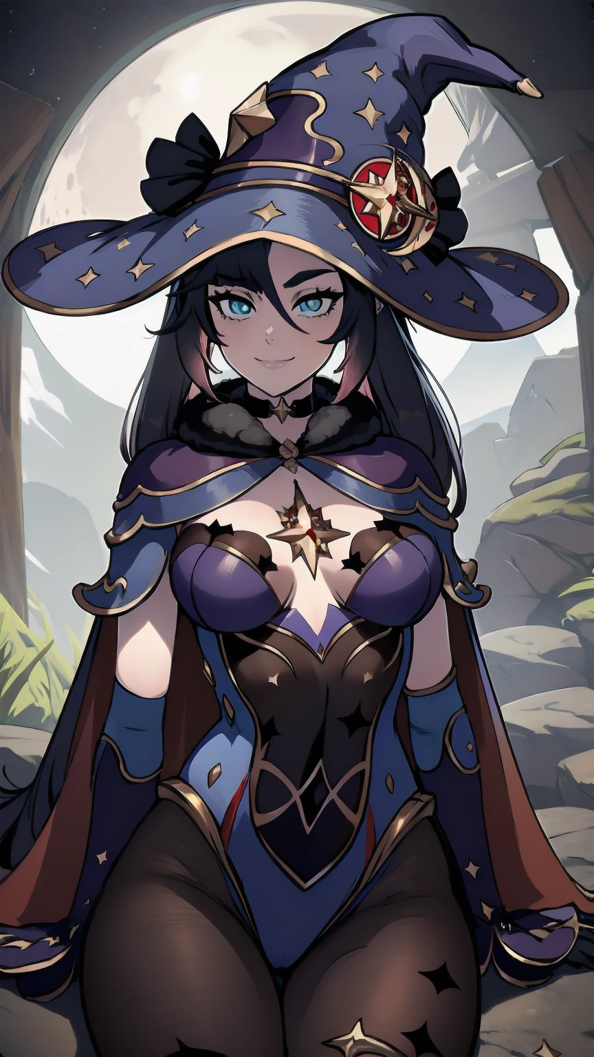 (aesthetic, best quality, masterpiece), Mona, looking at viewer, cowboy shot, smile, highly detailed eyes, witch hat, bodystocking, choker, hair ribbon, capelet, mountain, moon, perky breasts