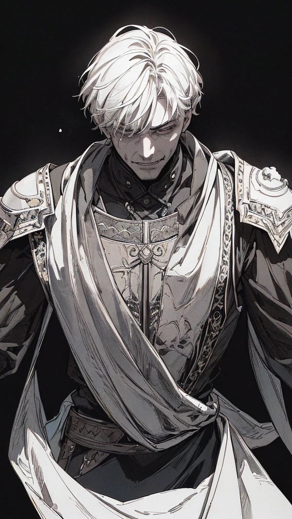 Best quality, (background_detail), high_contrast, detail_original_illustration, warrior, muscular, villain_face, armored, full_body, medieval, crease_brow, young_man, 20s_male, bangs_up, short_hair, dark_stitch_landscape, (dramatic_lighting:1. 25), (shaded_ background:1.2), black_hair, (short black hair:) 1.1 ), large figure, delicate face, evil smile, sharp eyes, black background, (black background:1.5), beautiful line drawing, black and white

Translated with DeepL.com (free version)