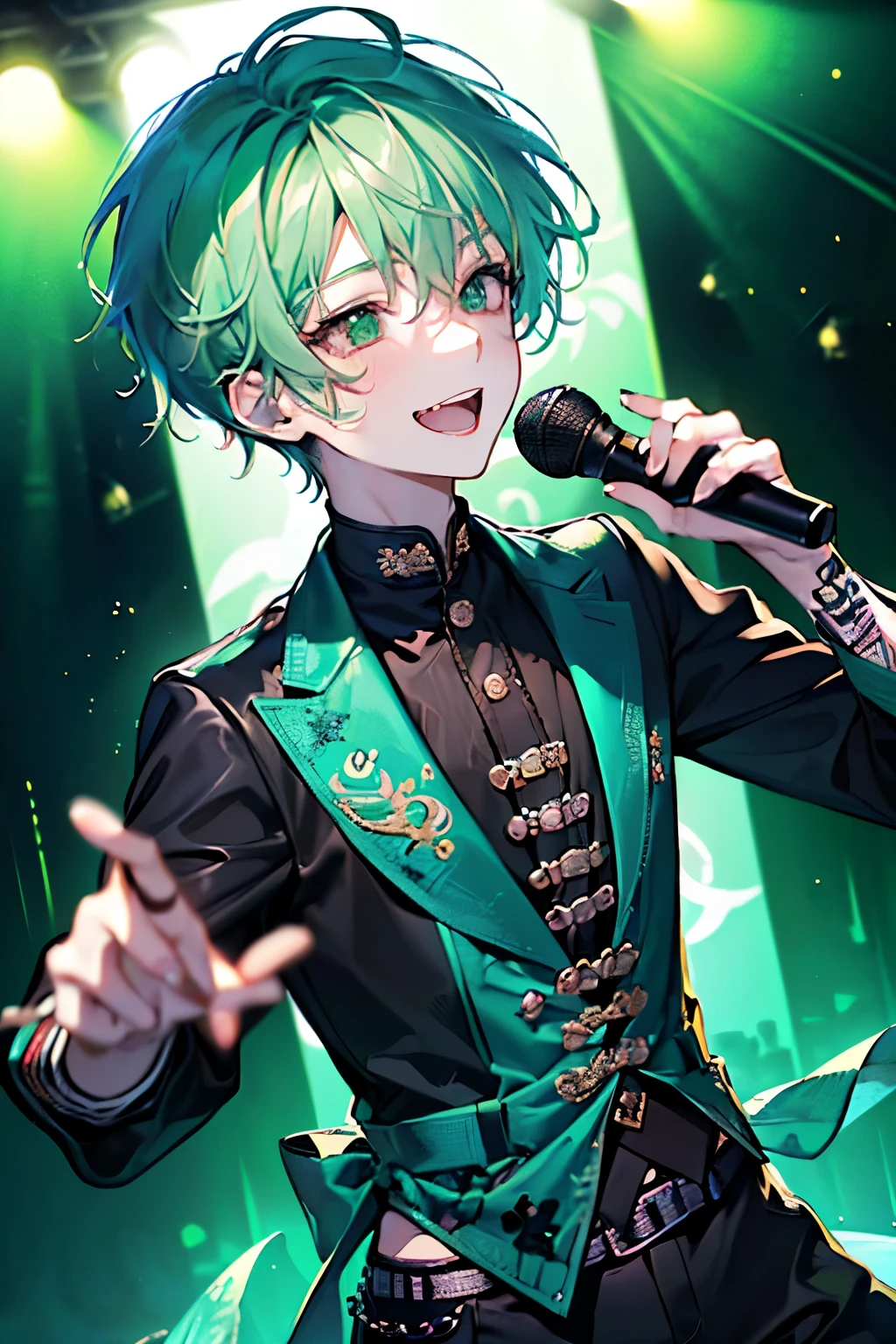 ((cute,kawaii,wonderland)),(Shy laugh、🥺),(Microphone Performance、Fansa:1.25),((boy,Men's,male:1.2)),((Live Stage:1.25)),((Punk clothing:1.25)),((male性アイドル:1.15)),Looking up,((Live Stage:1.25)),(Short Hair:1.3),((green、White、Light、black:1.1)),