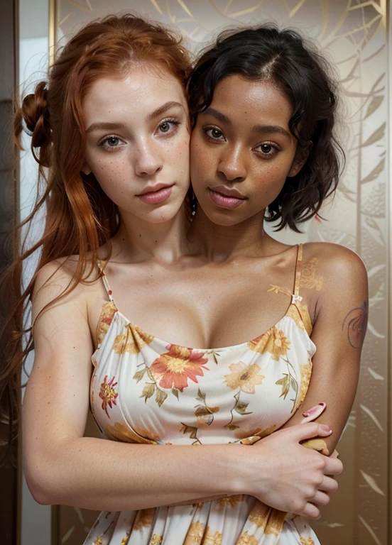 30-year-old dark skinned Nigerian woman named Biena and, her pale white Korean lover with ginger hair named Estella, (hugging each other tight, squishing their bodies together, slow dancing, hanging in her arms, flowing together), gazing at each other, eyes averted, in love, lusting after each other, they had sex together, (detailed exterior background) (( Estella is a pale white Korean woman, ginger hair, messy bun, bangs over forehead, lots of freckles all over her body)), ((Biena is 30-year-old, sexy, black short and straight hair, bangs, long ponytail, dark black African skin, tattoos on half of her body, no tattoos on the other half)), ultra-realistic photo, feminine features, ((both have very different facial features, ethnicities, and skin colors)), ((wearing red and gold floral sundress, jewelry)), conjoined, 2 heads, different heads, different skin colors, no mixing, clear boundary where skin color changes, smooth transition, contrasting skin colors